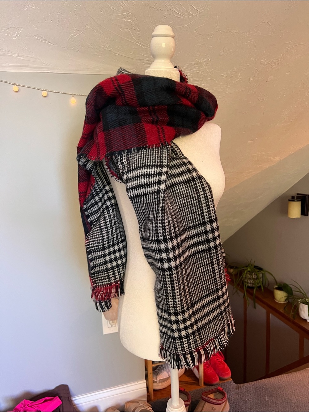 Large,Chunky, Cozy Black & Red Plaid Reversible Throw Scarf